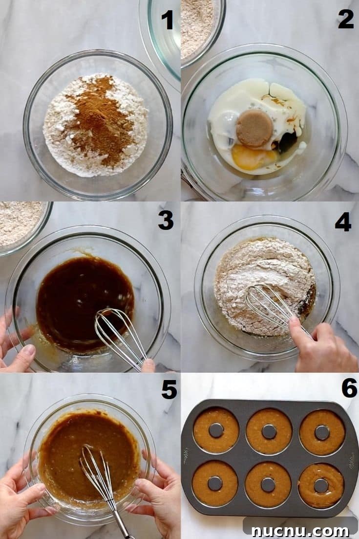 a collage of six photos showing how to make gluten free gingerbread donuts