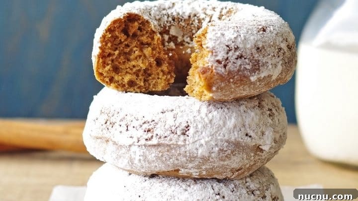 three Gluten-Free Gingerbread Donuts covered in powdered sugar and stacked