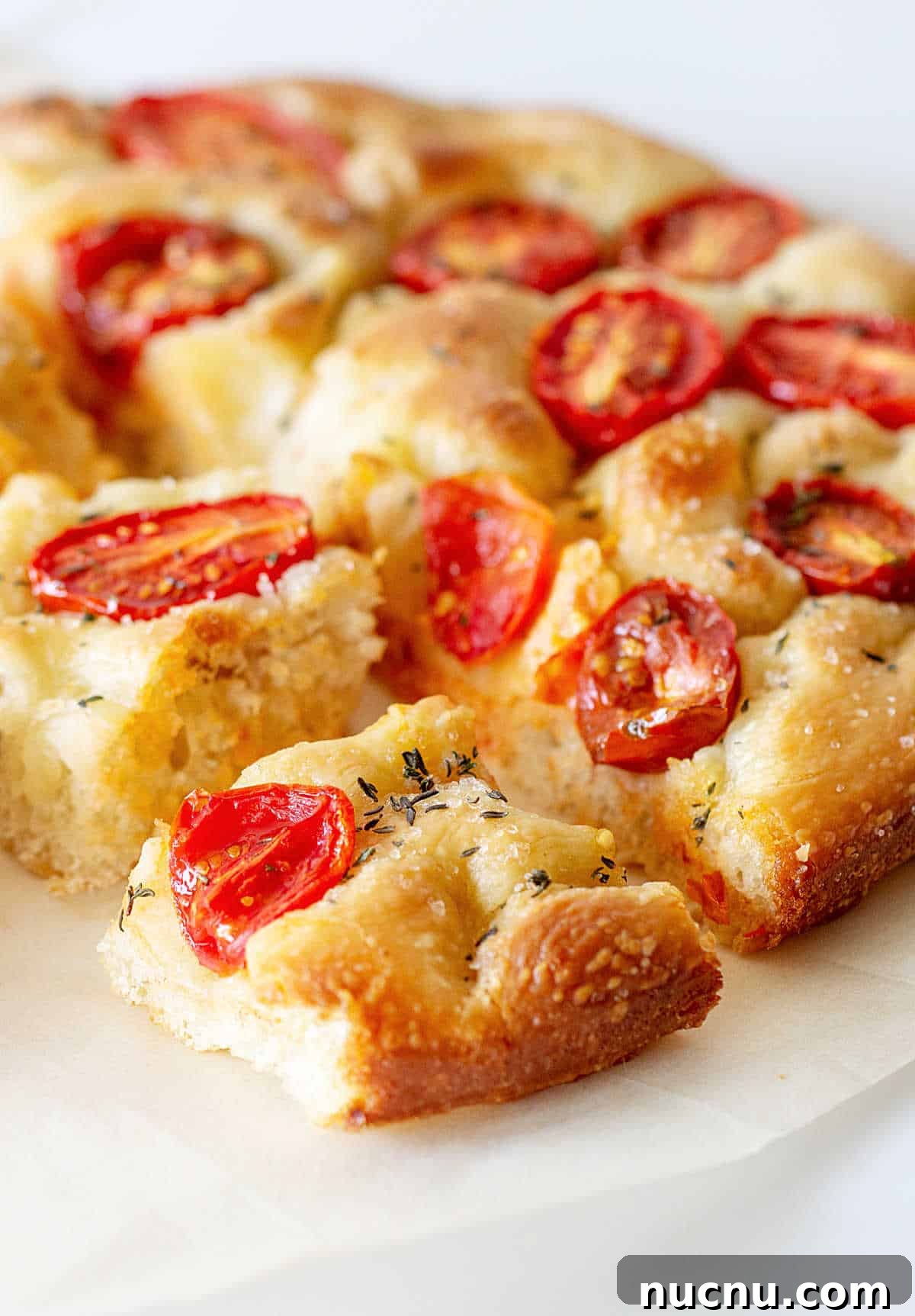 Tomato Focaccia Recipe with Step-by-Step Video Tutorial 2 Tomato focaccia cut in squares on white surface