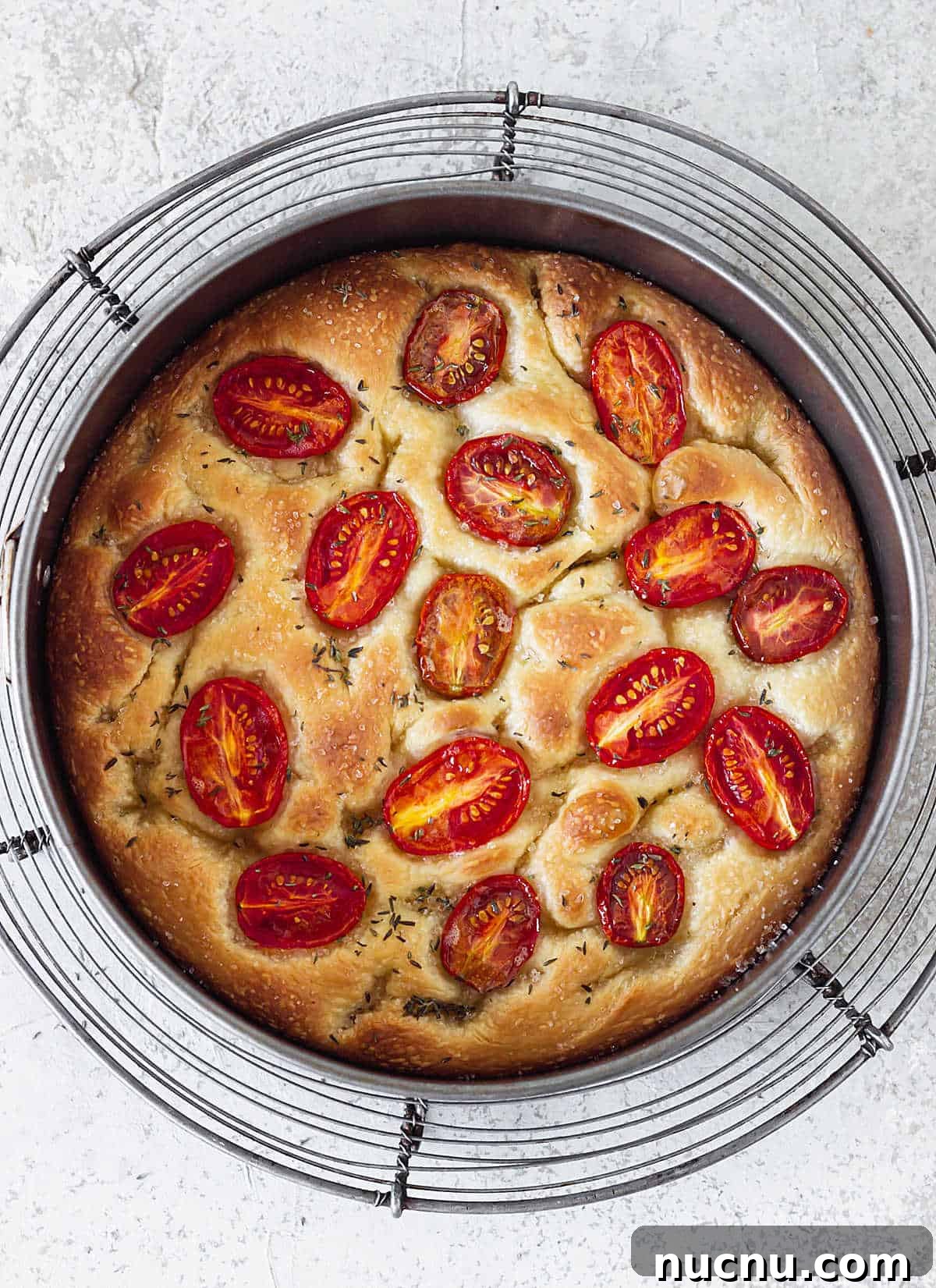 Tomato Focaccia Recipe with Step-by-Step Video Tutorial 8 Top view of baked tomato focaccia on round pan on wire rack, grey surface