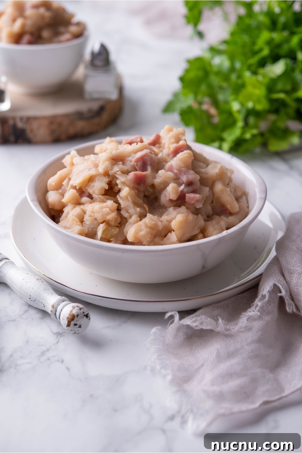 Copycat Grandma Brown's Baked Beans Recipe You’ll Love 2 Grandma Browns baked beans in a white bowl atop a white plate. In the background is a second bowl of baked beans.