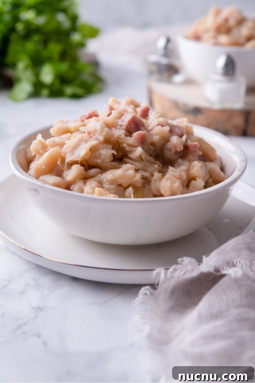 Copycat Grandma Brown's Baked Beans Recipe You’ll Love 3 Grandma Browns baked beans in a white bowl atop a white plate. In the background is a second bowl of baked beans.