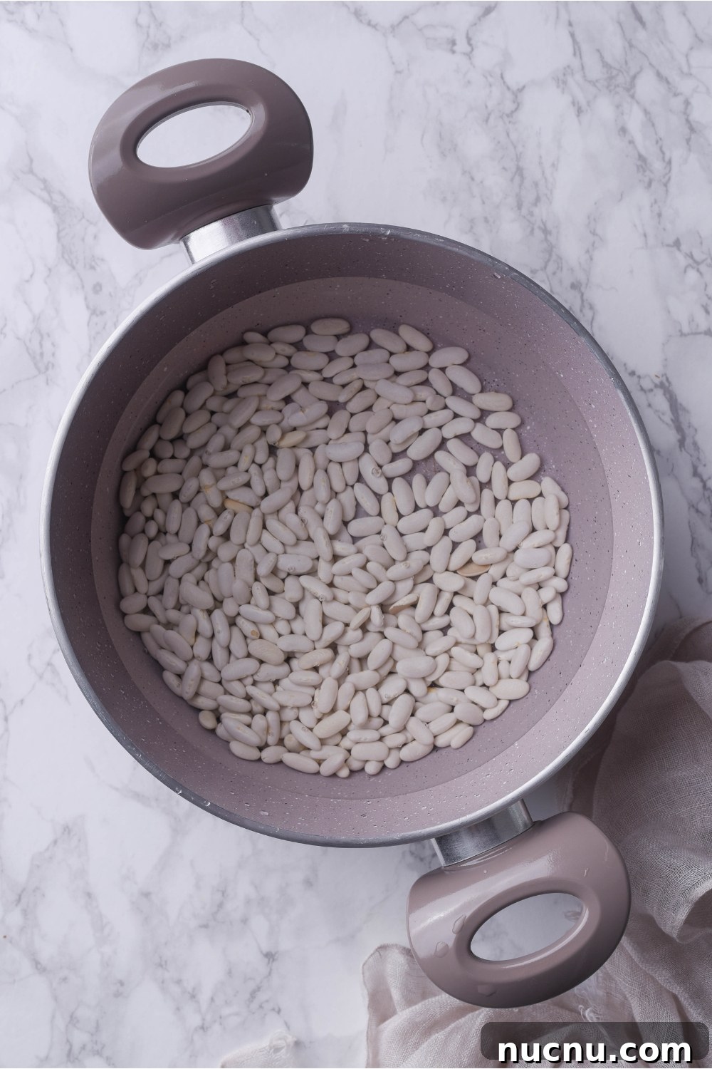 Copycat Grandma Brown's Baked Beans Recipe You’ll Love 5 A grey pot filled with dried white beans.