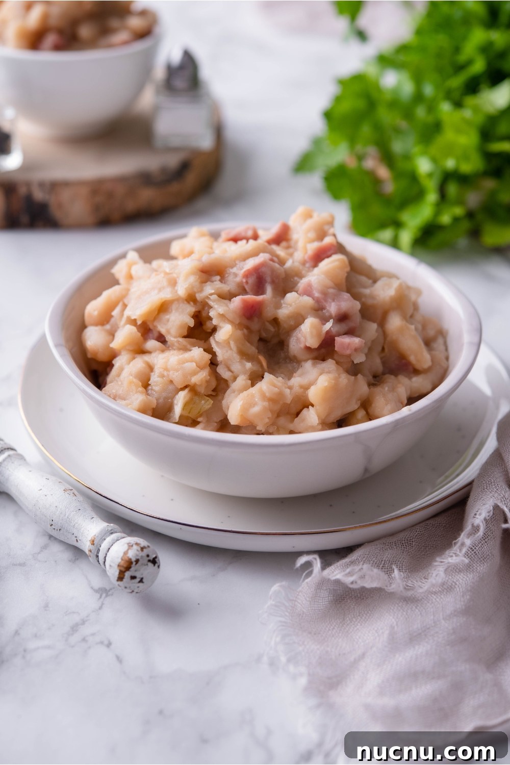 Copycat Grandma Brown's Baked Beans Recipe You’ll Love 9 Grandma Browns baked beans in a white bowl atop a white plate. In the background is a second bowl of baked beans.