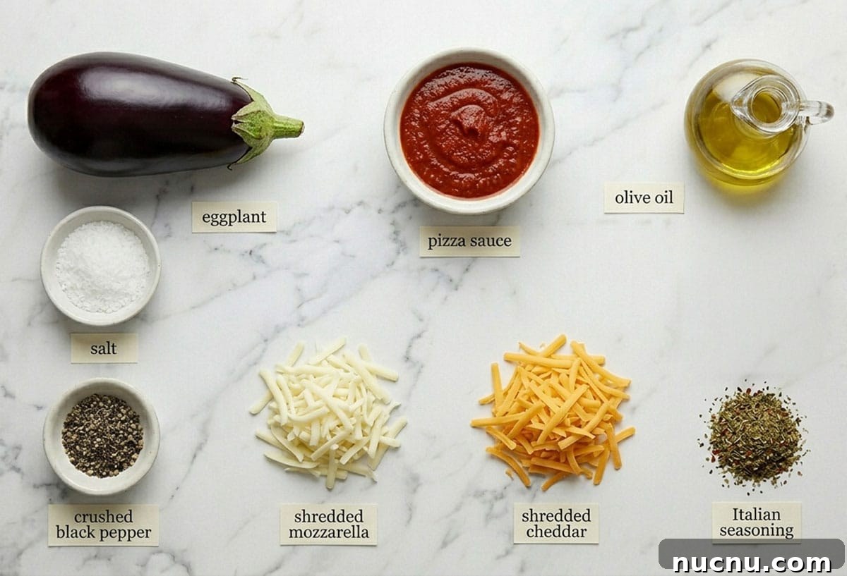 One-Pan Eggplant Pizza Recipe for Quick Weeknight Meals 3 Ingredients for recipe on white marble background- Eggplant, pizza sauce, spices, shredded cheeses.