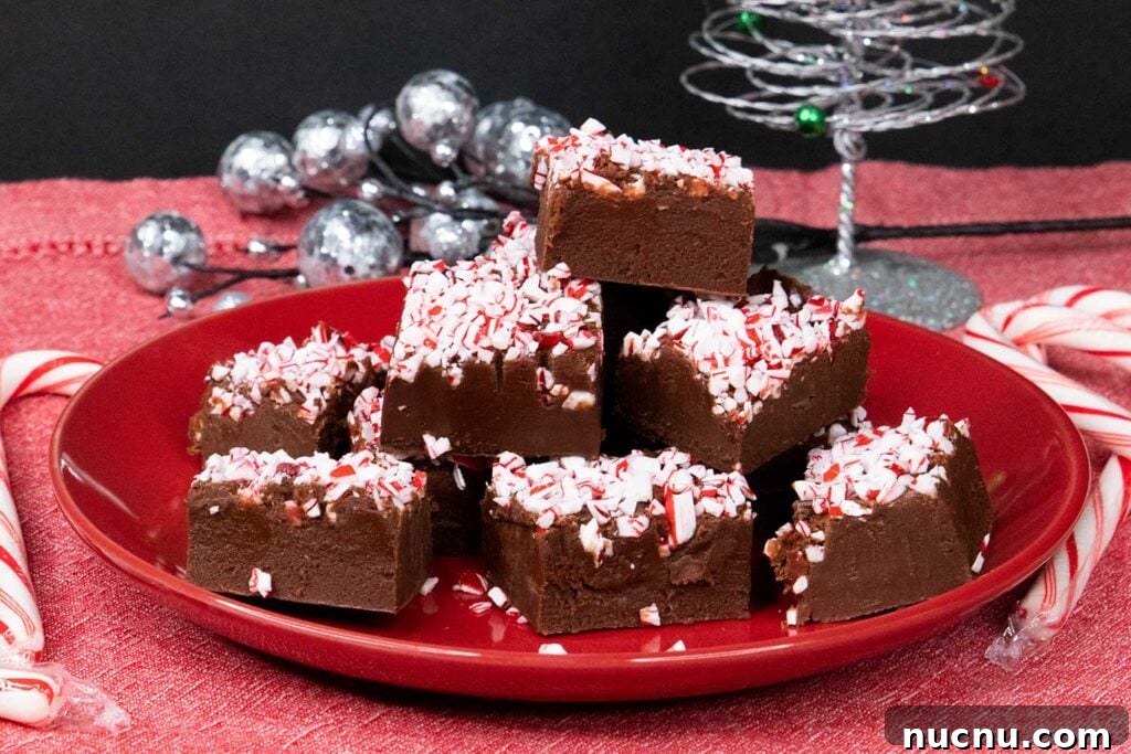 Decadent Chocolate Peppermint Fudge Recipe for the Holidays 2 Peppermint fudge slices on red plate.