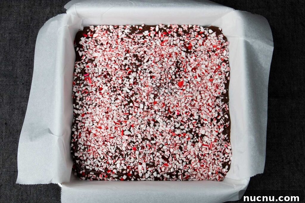 Decadent Chocolate Peppermint Fudge Recipe for the Holidays 4 Peppermint fudge in a lined baking pan.