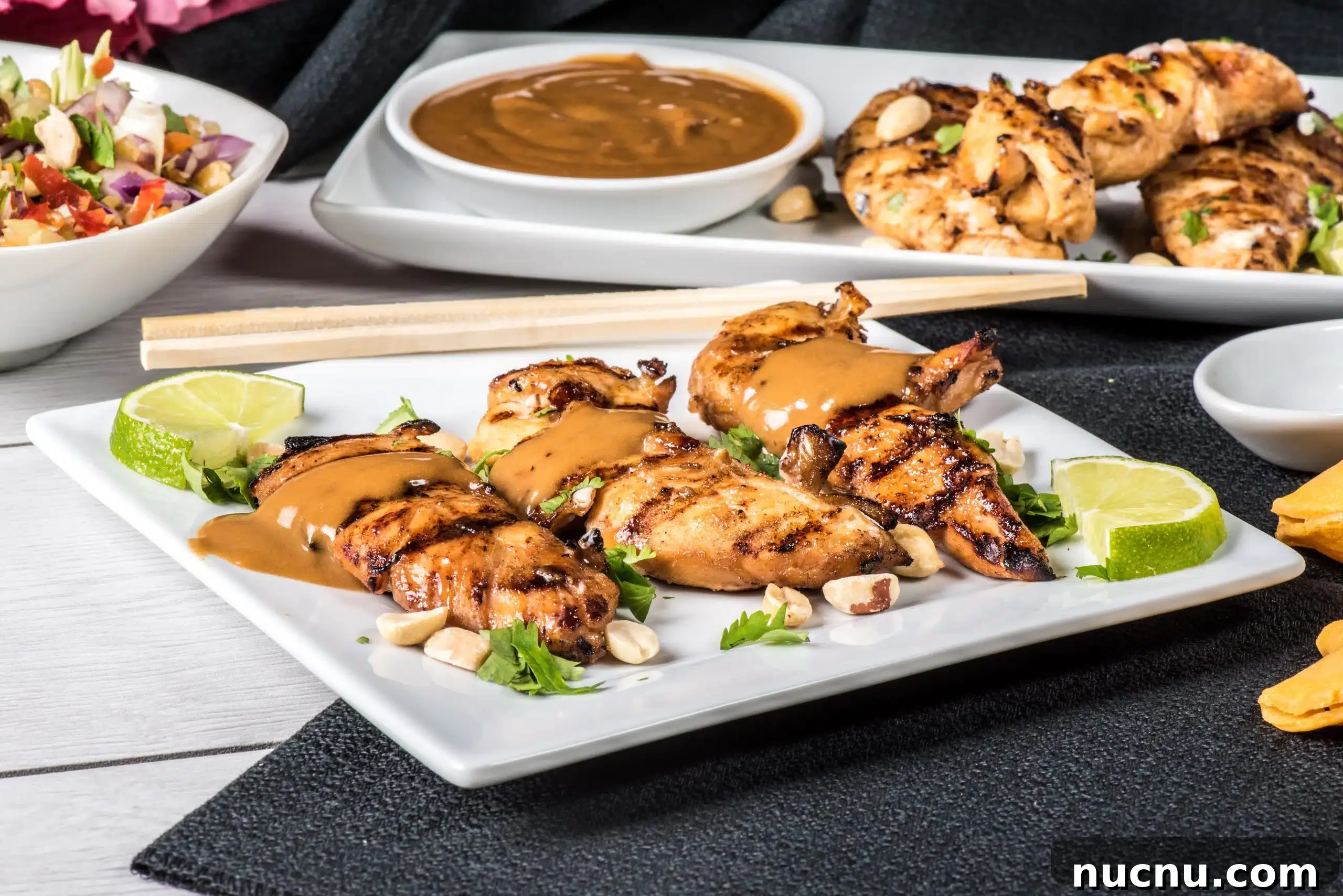 Chicken Satay with Peanut Sauce Recipe — Grilled Skewers & Dipping Sauce 9 Final plated satay