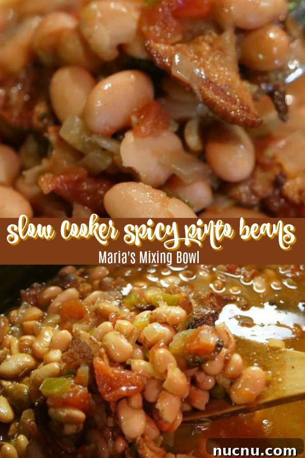 Slow Cooker Spicy Pinto Beans Recipe — Tender, Flavorful & Simple 6 Collage of pinto beans and veggies in a bowl and then a wooden spoon scooping up some of the beans out of the slow cooker