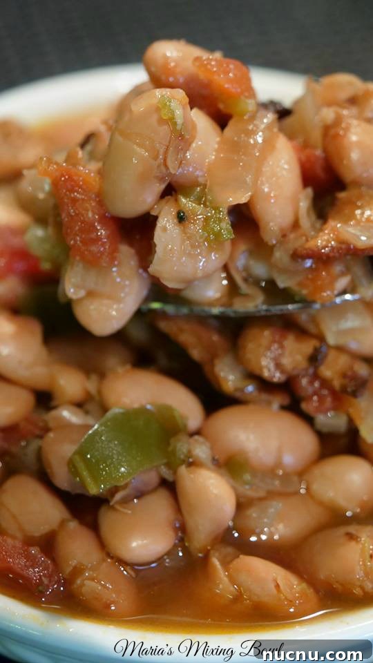 Slow Cooker Spicy Pinto Beans Recipe — Tender, Flavorful & Simple 8 spoon of spicy pinto beans being scooped up out of a white bowl