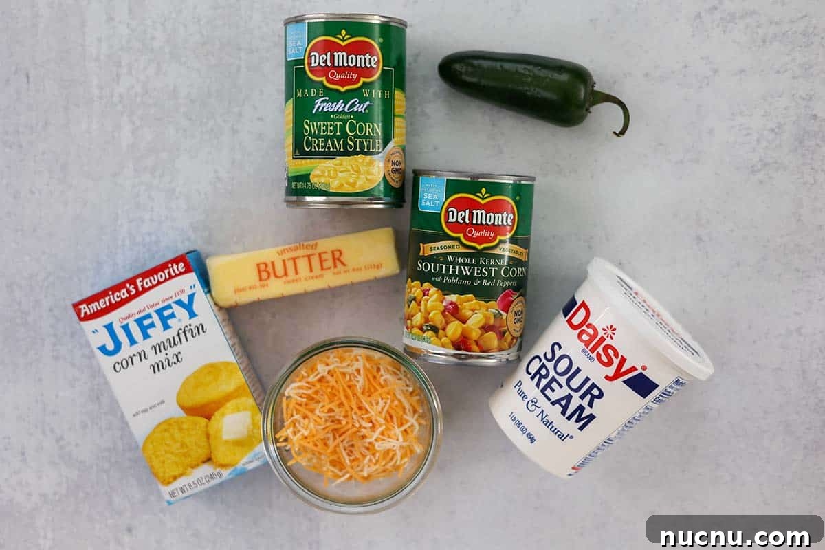 corn, sour cream, jalapeno, cheese, corn muffin mix, and butter.