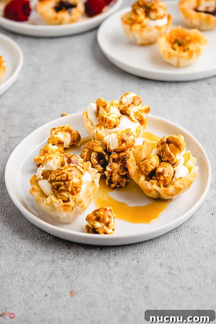 phyllo cups with caramel on white plate