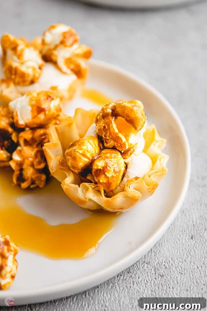 caramel corn phyllo cup on white plate