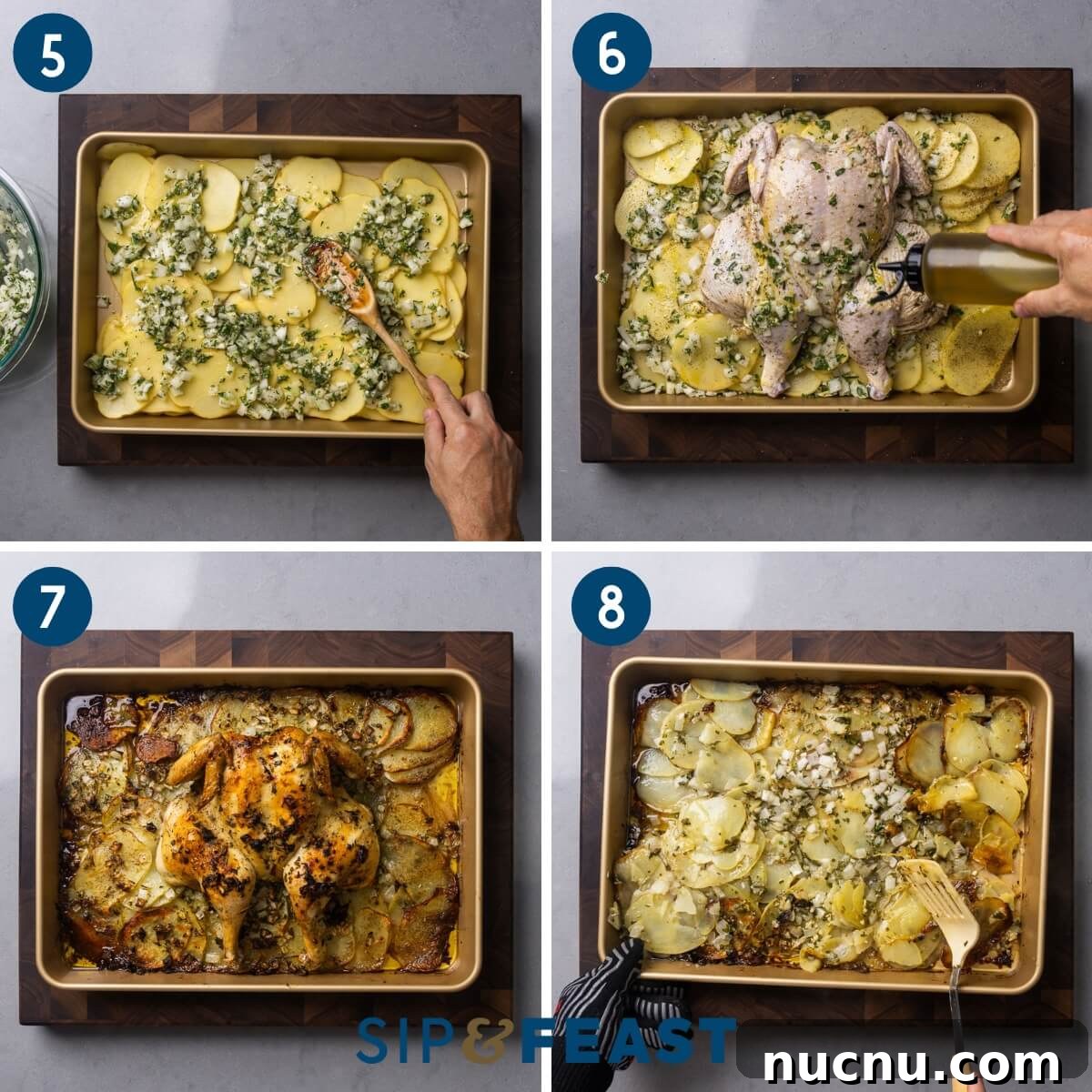 Recipe collage group two showing the sliced potatoes and onion mix in baking pan, adding the chicken to the pan, cooked chicken, and mixing the potatoes with a spatula.