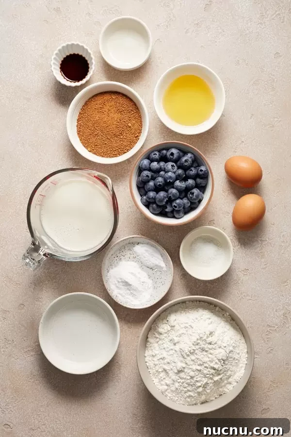 Pancake ingredients in small bowls.