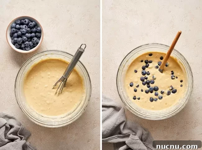 Plain pancake batter in a mixing bowl and then with blueberries stirred in.