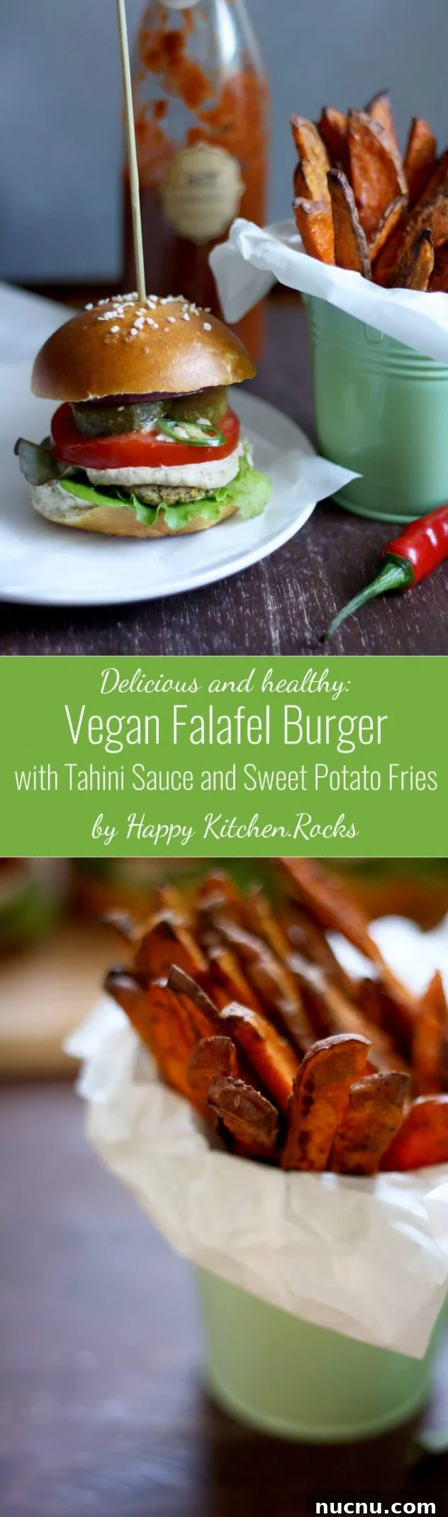 Juicy vegan falafel burger in a pretzel bun served with creamy tahini sauce and crispy and tender sweet potato fries. The best healthy falafel burger I've ever had!