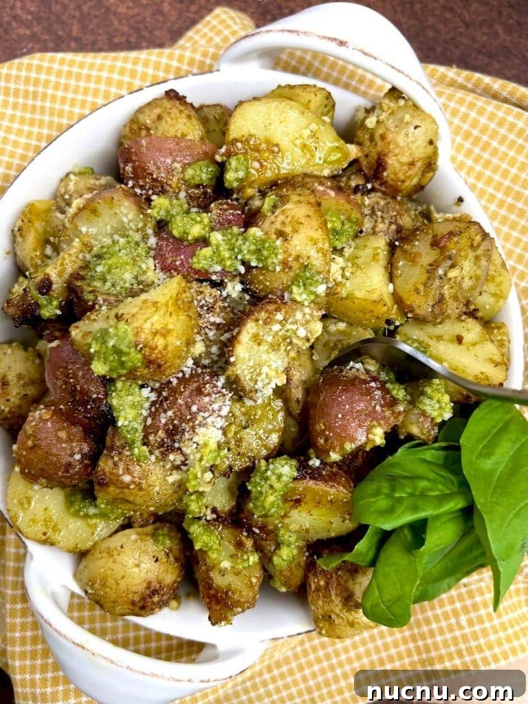 Crispy Pesto-Roasted Potatoes with Garlic and Parmesan 2 Pesto Roasted Potatoes Styled Photo in Bowl.