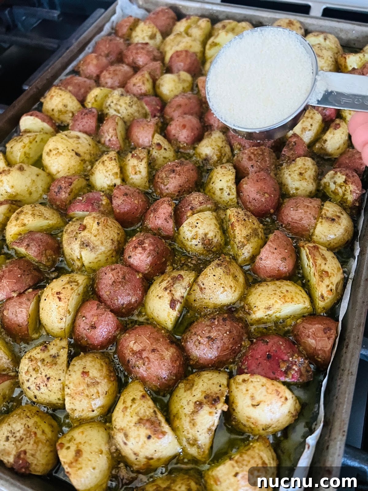 Crispy Pesto-Roasted Potatoes with Garlic and Parmesan 11 Pesto Potatoes on Sheet Pan with Pecorino Cheese.