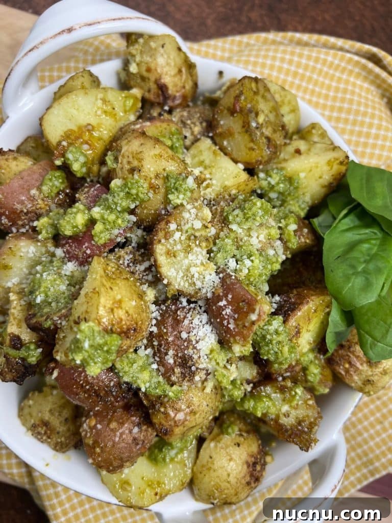 Crispy Pesto-Roasted Potatoes with Garlic and Parmesan 13 Pesto Roasted Potatoes Styled Photo in Bowl.