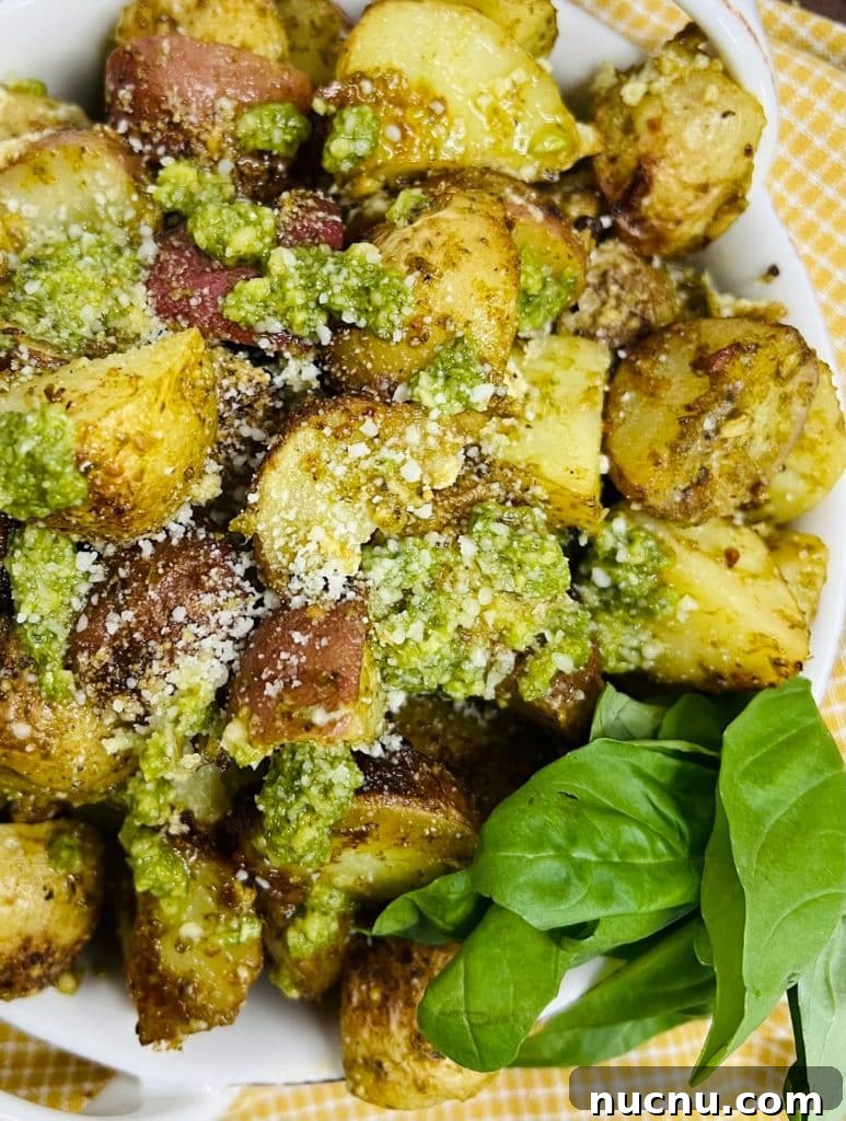 Crispy Pesto-Roasted Potatoes with Garlic and Parmesan 15 Pesto Roasted Potatoes Styled Photo in Bowl.