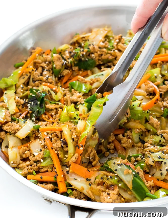 The Best Crack Slaw | chefsavvy.com skillet of egg roll in a bowl