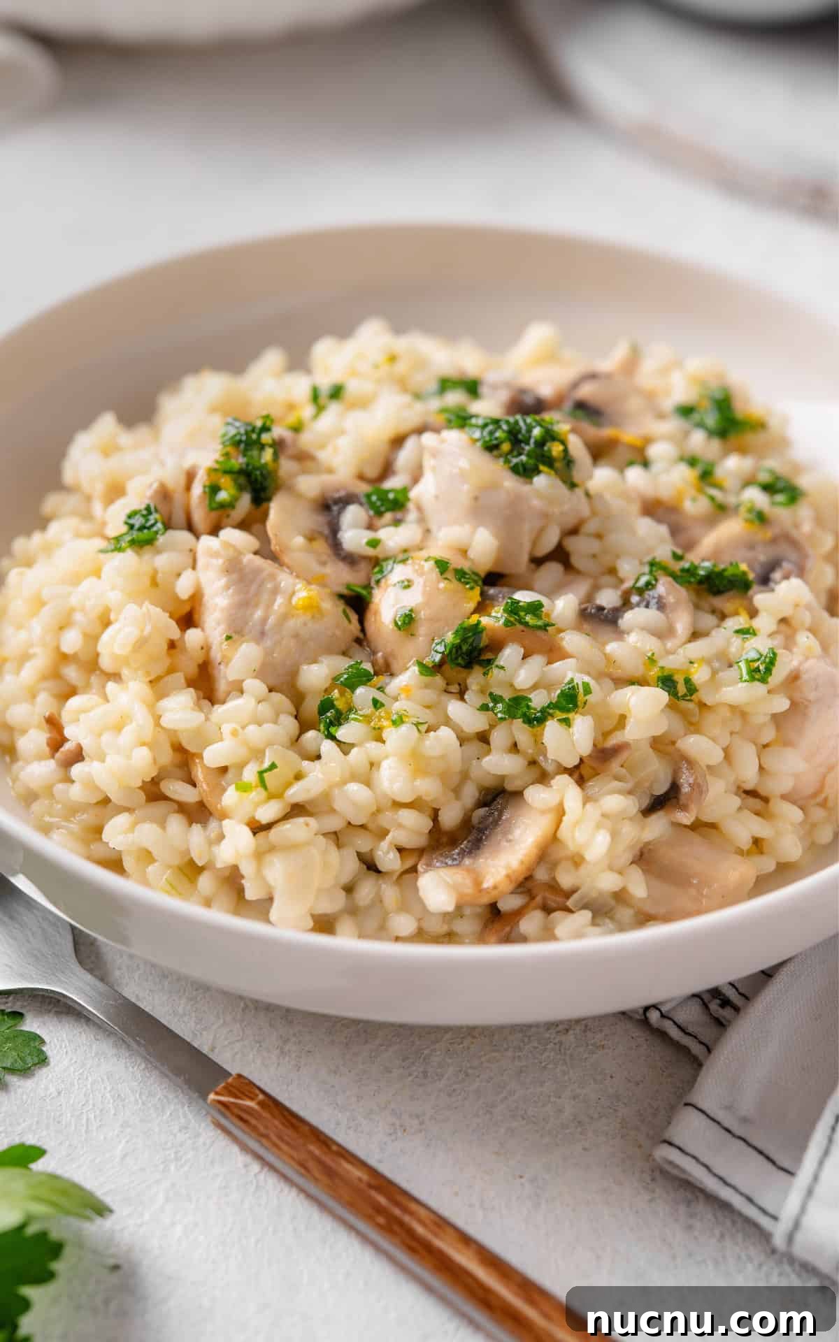 Creamy Chicken and Mushroom Risotto Recipe for Weeknight Dinner 12 Chicken and Mushroom Risotto with parmesan cheese.