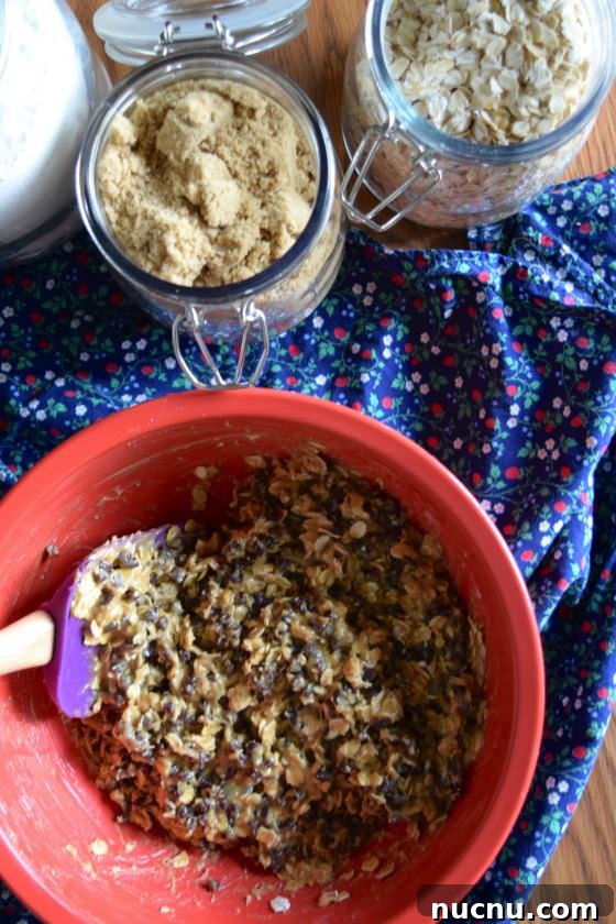 Red mixing bowl with oats brown sugar chocolate chips sugar