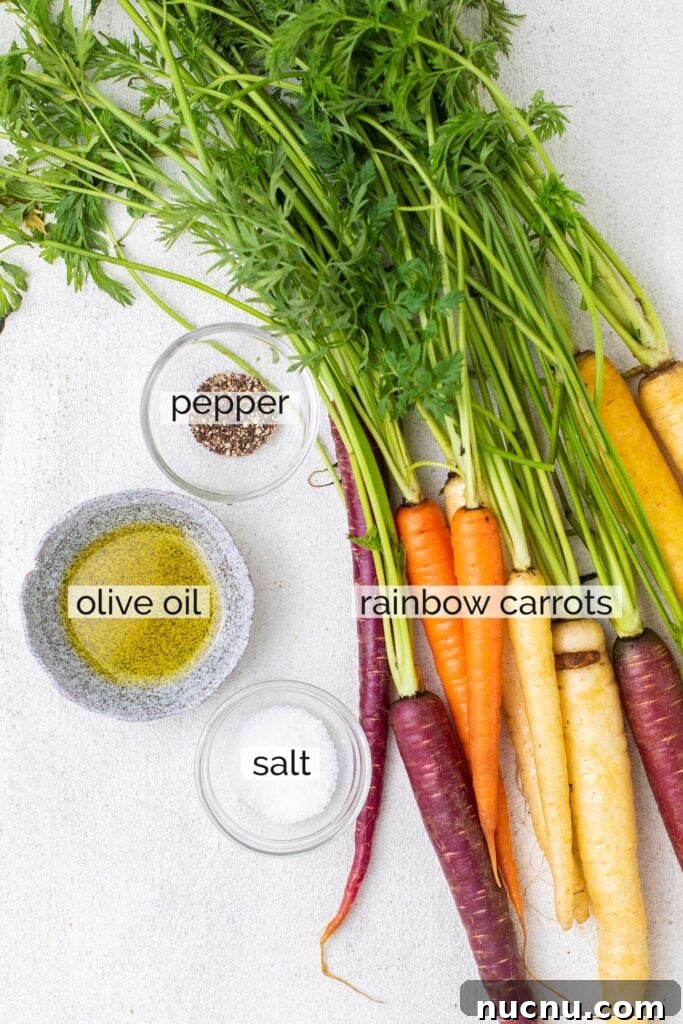 Roasted Rainbow Carrots with Garlic and Fresh Thyme 3 The ingredients needed to roast rainbow carrots.