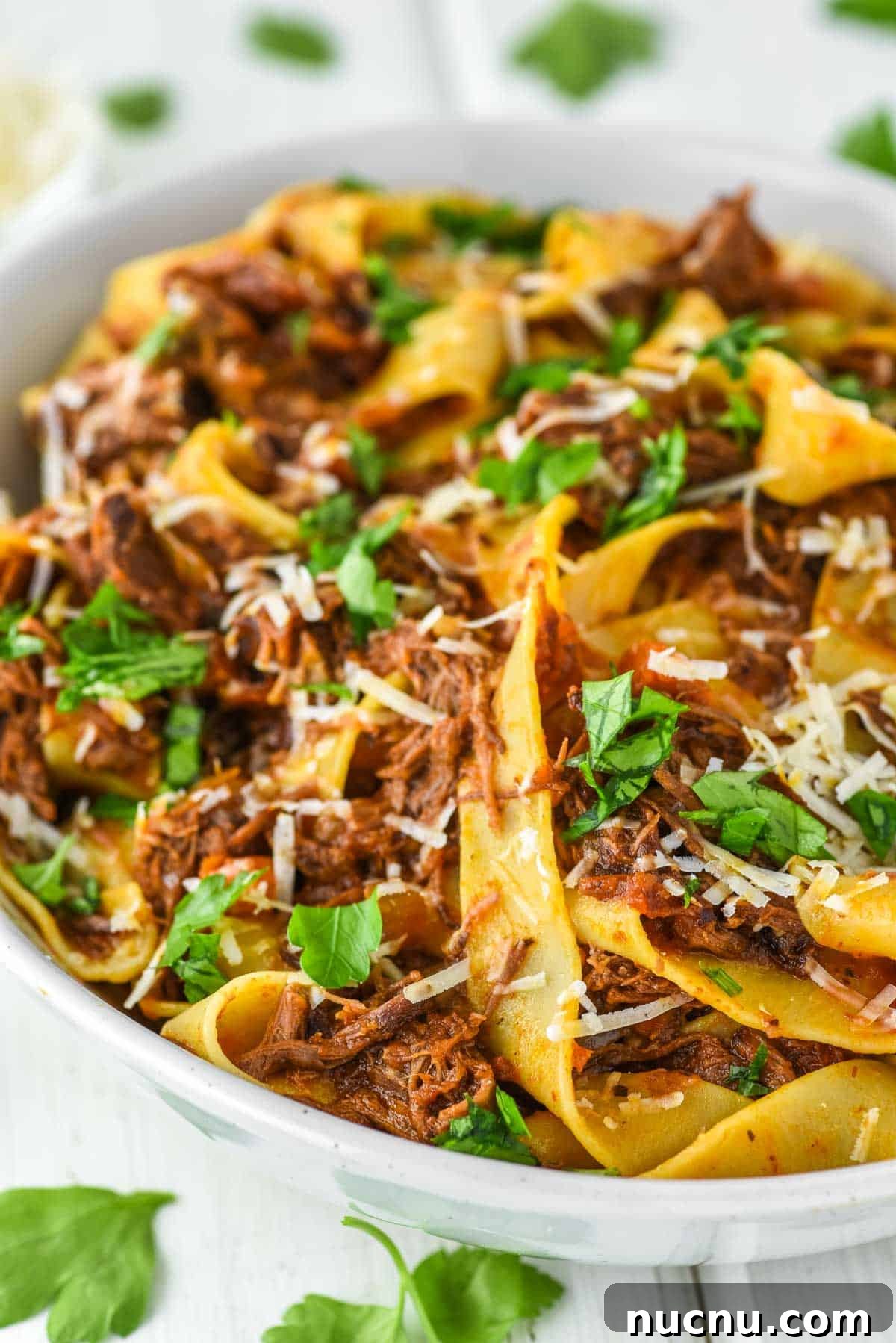 close-up of short rib ragu with pasta in bowl