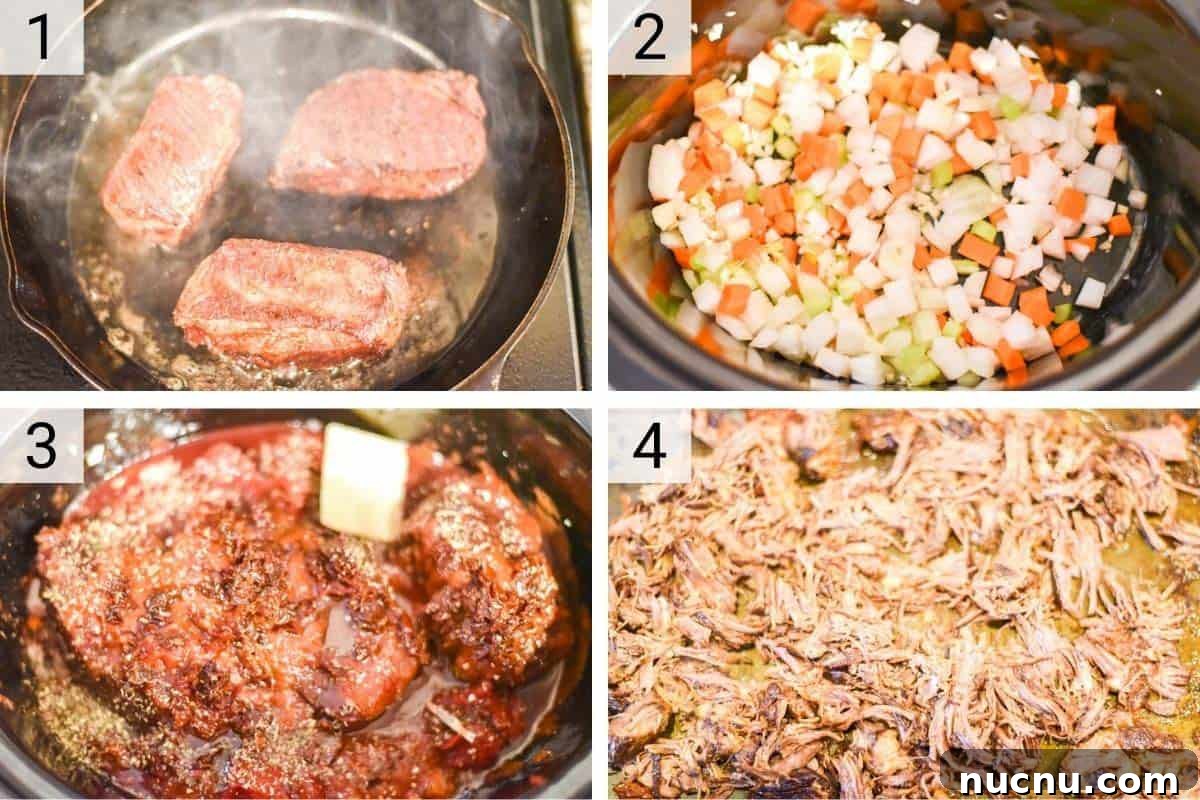 process shots of searing short ribs and cooking in slow cooker