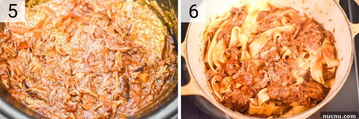 process shots of mixing short ribs with sauce and adding to pot of pasta
