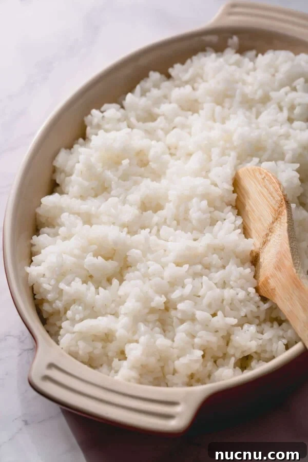 Perfect Sushi Rice: Step-by-Step Guide for Authentic Results 6 sushi rice in a dish with a wooden spoon