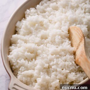 Perfect Sushi Rice: Step-by-Step Guide for Authentic Results 7 sushi rice in a dish with a wooden spoon