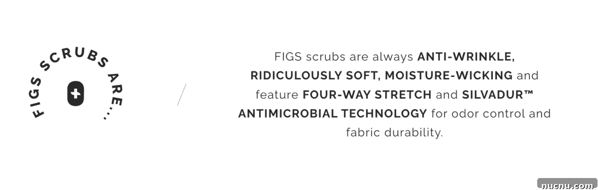 Searching for Organic Cotton Scrubs: My Frustrating Journey 2 FIGS scrubs marketing features listing anti-wrinkle, moisture-wicking, four-way stretch, and antimicrobial technology