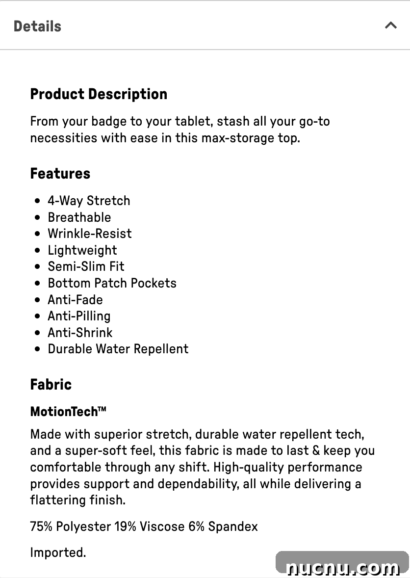 Searching for Organic Cotton Scrubs: My Frustrating Journey 3 Fabletics scrubs product details showing fabric features including water repellent and stretch