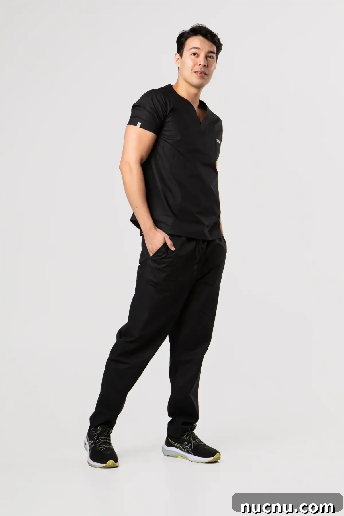 Searching for Organic Cotton Scrubs: My Frustrating Journey 4 Model wearing black Percent Apparel organic cotton scrubs