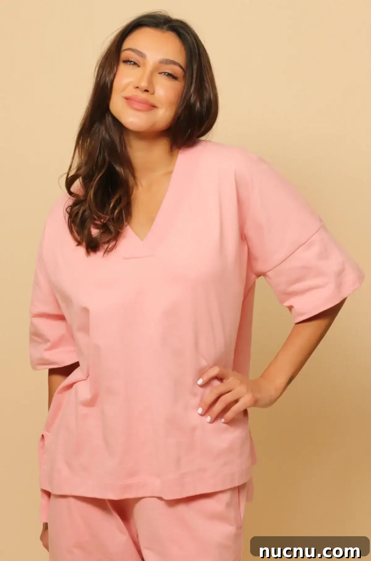 Searching for Organic Cotton Scrubs: My Frustrating Journey 7 Model in soft pink Cottonique loose-fit top