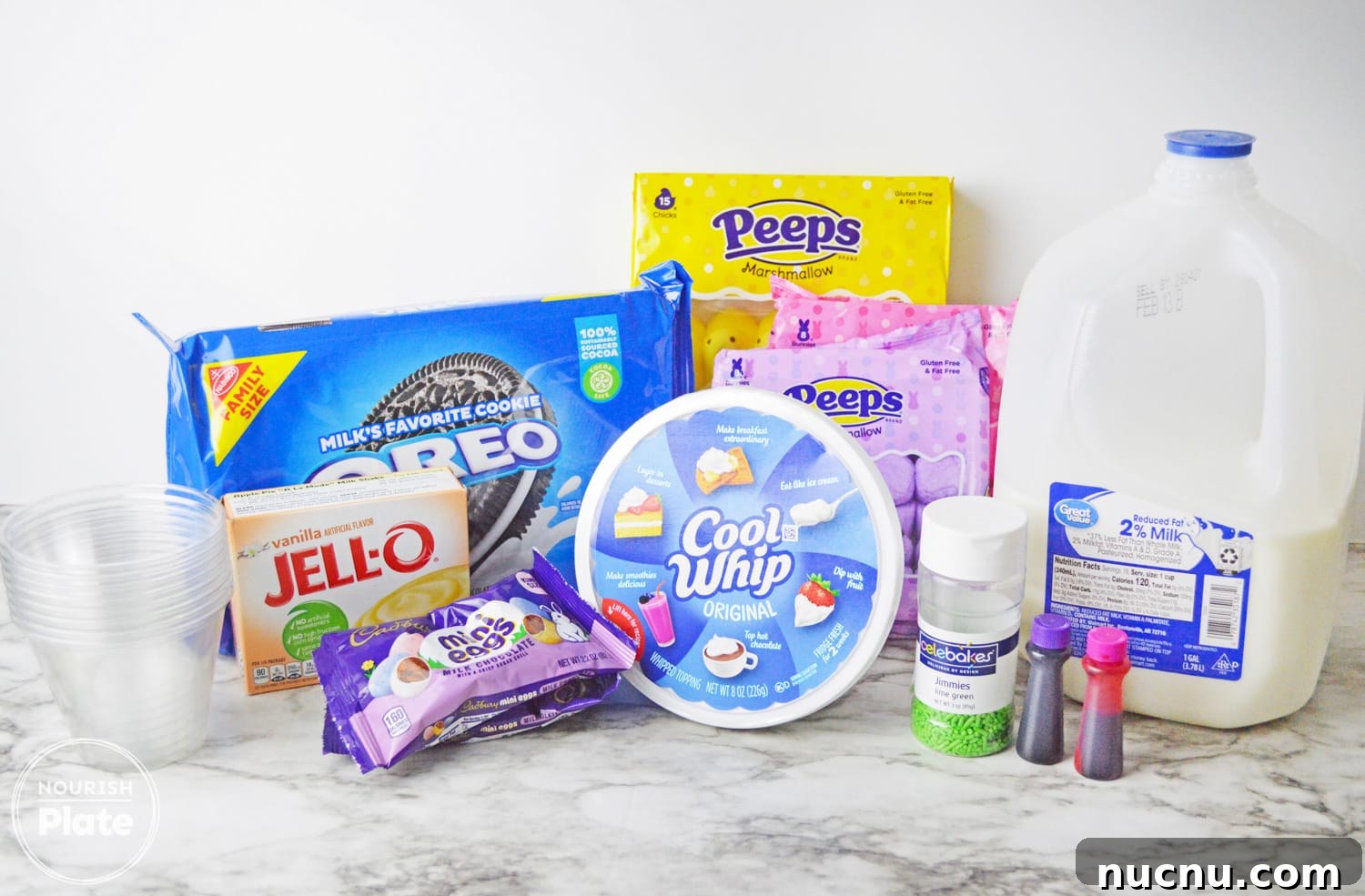 Easter Dirt Cup Desserts: Chocolate Pudding Treats with Candy Eggs 3 Ingredients needed for making easter dirt cups