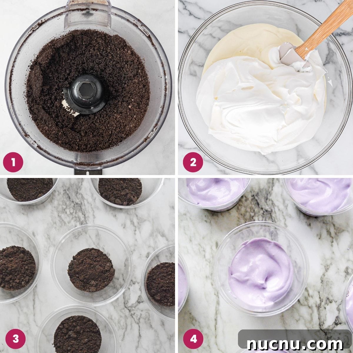 Easter Dirt Cup Desserts: Chocolate Pudding Treats with Candy Eggs 4 Collage of 4 images showing how to make dirt cups