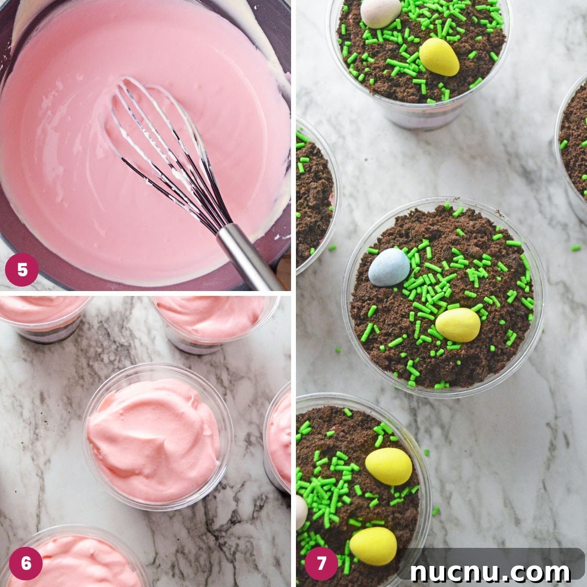 Easter Dirt Cup Desserts: Chocolate Pudding Treats with Candy Eggs 5 Collage of 3 images showing how to make Easter themed dirt cups