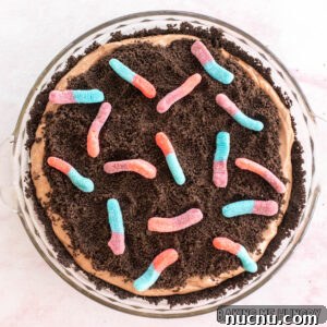 Decadent Chocolate Mud Pie Recipe: Creamy No-Bake Dessert 16 mud pie recipe with gummy worms shown from overhead in glass pie plate