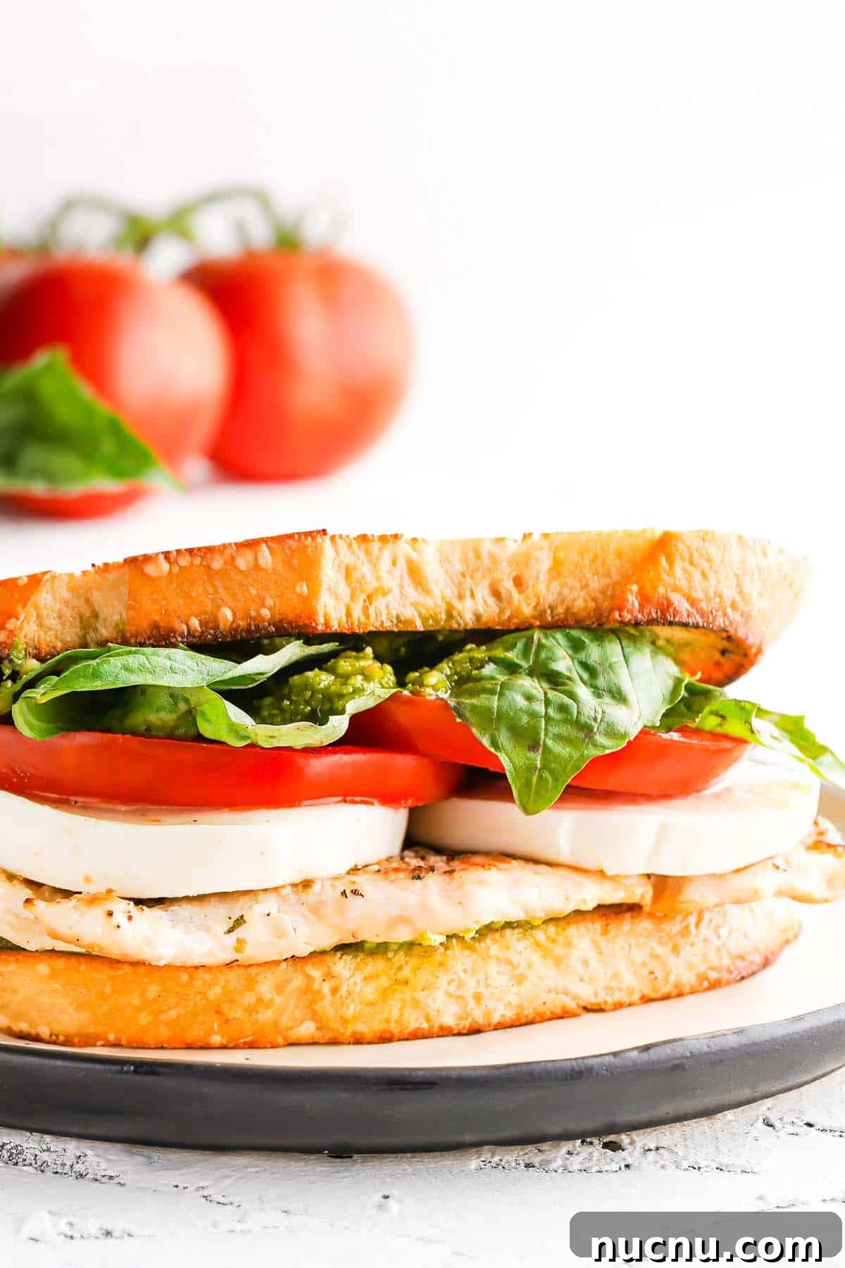 Caprese Chicken Sandwich with Fresh Mozzarella & Basil 2 sandwich with chicken tomatoes and basil on plate with tomatoes in the background.