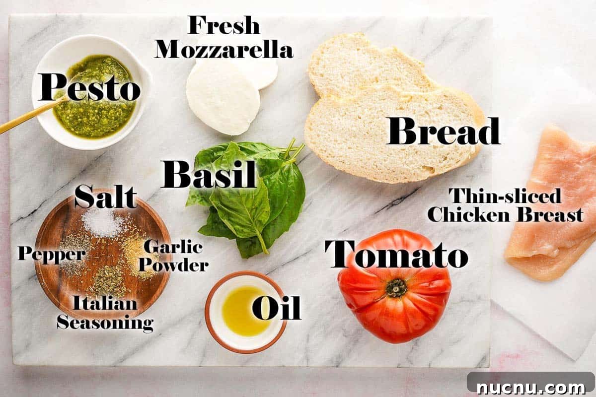Caprese Chicken Sandwich with Fresh Mozzarella & Basil 3 Ingredients for chicken caprese sandwich on marble board