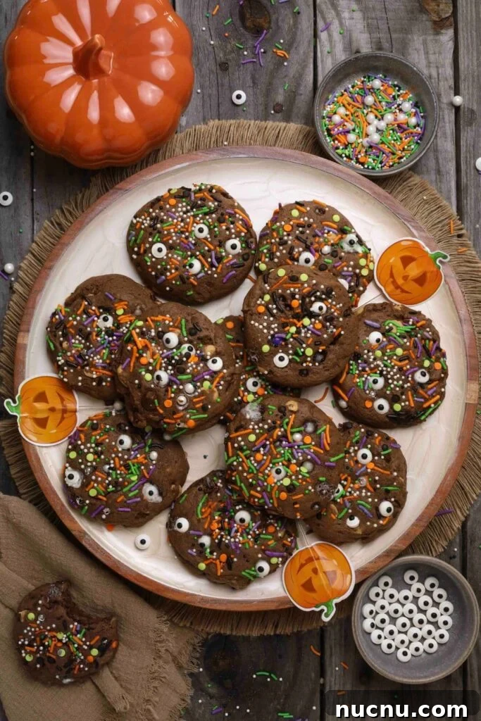 Sourdough Halloween cookies on a plate on a wooden table with Halloween stickers for decoration. 