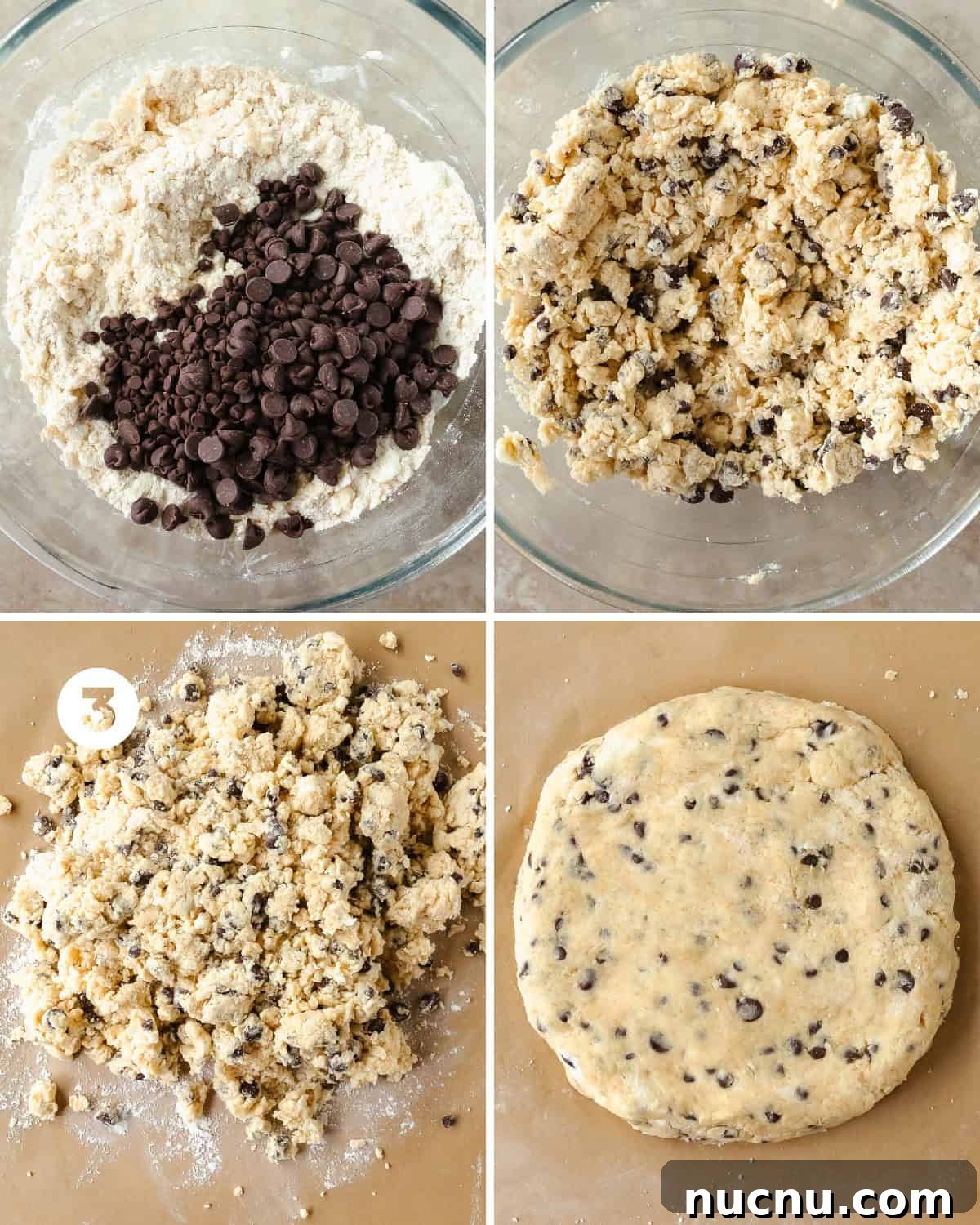 Crispy Chocolate Chip Scones Recipe for Perfect Morning Pastries 6 Transfer the chocolate chip dough onto a lightly floured surface and gently shape the dough into a ball. Gently knead the scone dough by pressing down on the dough from middle to edges to form a disk. Fold in half. Repeat gently pressing the dough back into a round disk. Shape into a 7 - 8 inch disk that’s about 1 inch thick. Place the disk onto a parchment lined baking sheet or plate to chill in the freezer for 20 - 30 minutes. While the scones chill in the freezer, preheat the oven to 425 F (218 C).