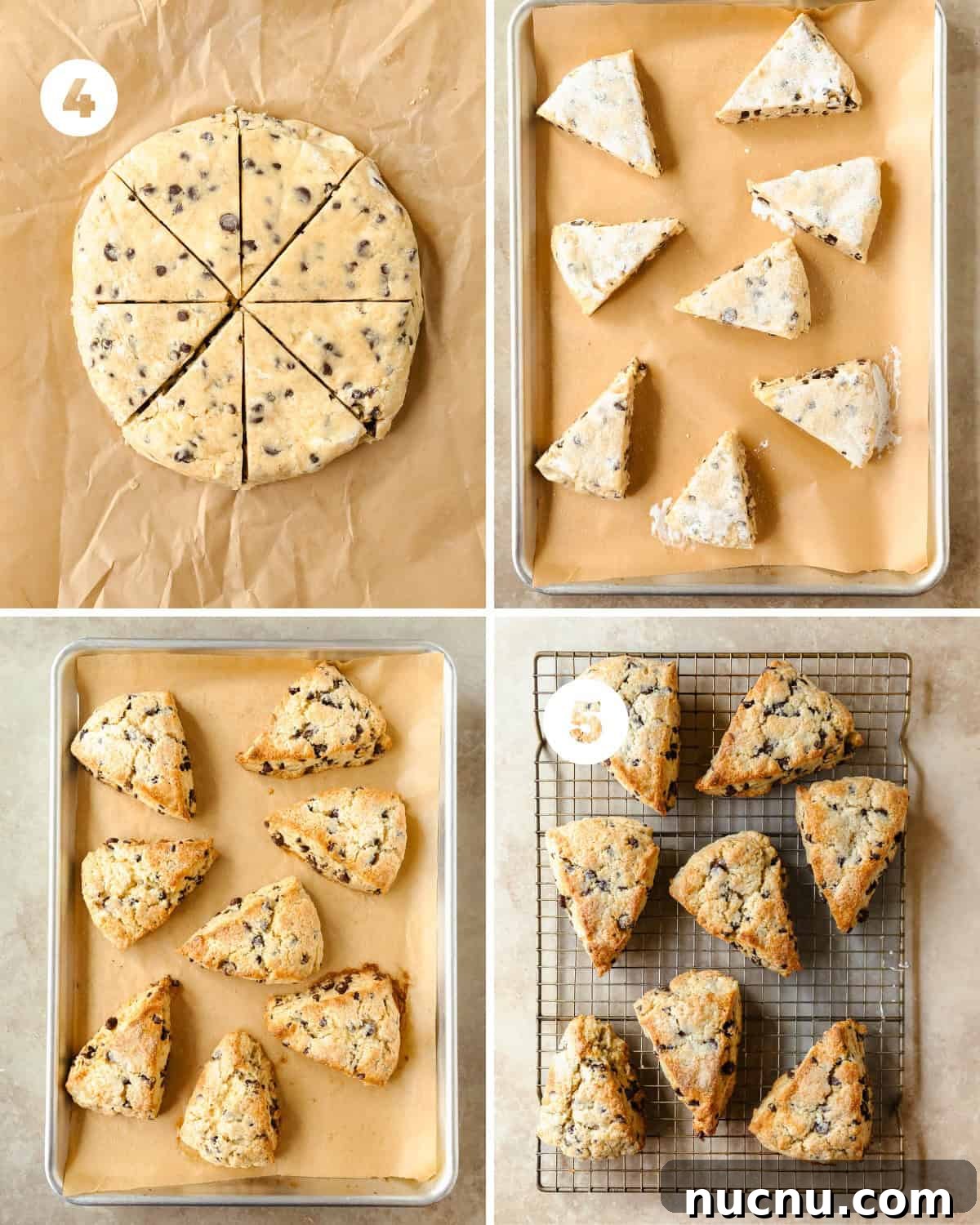 Crispy Chocolate Chip Scones Recipe for Perfect Morning Pastries 7 Remove the scones from the freezer and cut into 6 - 8 wedges using a dough scraper or long sharp knife. Space the scones about 2 - inches apart on a lined baking sheet. Bake in the oven at 425 F (218 C) for 14 - 16 minutes. The scones should be lightly golden brown and will be very fragrant.
Allow scones to cool for 5 minutes on the baking sheet before transferring them to a cooling rack or serve warm. These scones would be especially delicious served with maple butter or whipped honey butter.