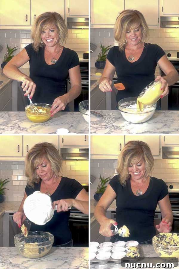 Blueberry Sour Cream Muffins with Crunchy Streusel Topping 5 Jennifer showing steps to make the muffins