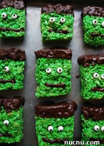 Allergen-Free Halloween Cake — Gluten-Free, Vegan, Top-8-Free 11 Frankenstein-Krispies (Gluten-dairy-egg-soy-peanut-tree nut free-vegan-option) Dessert-recipe-by-AllergyAwesomeness.com
