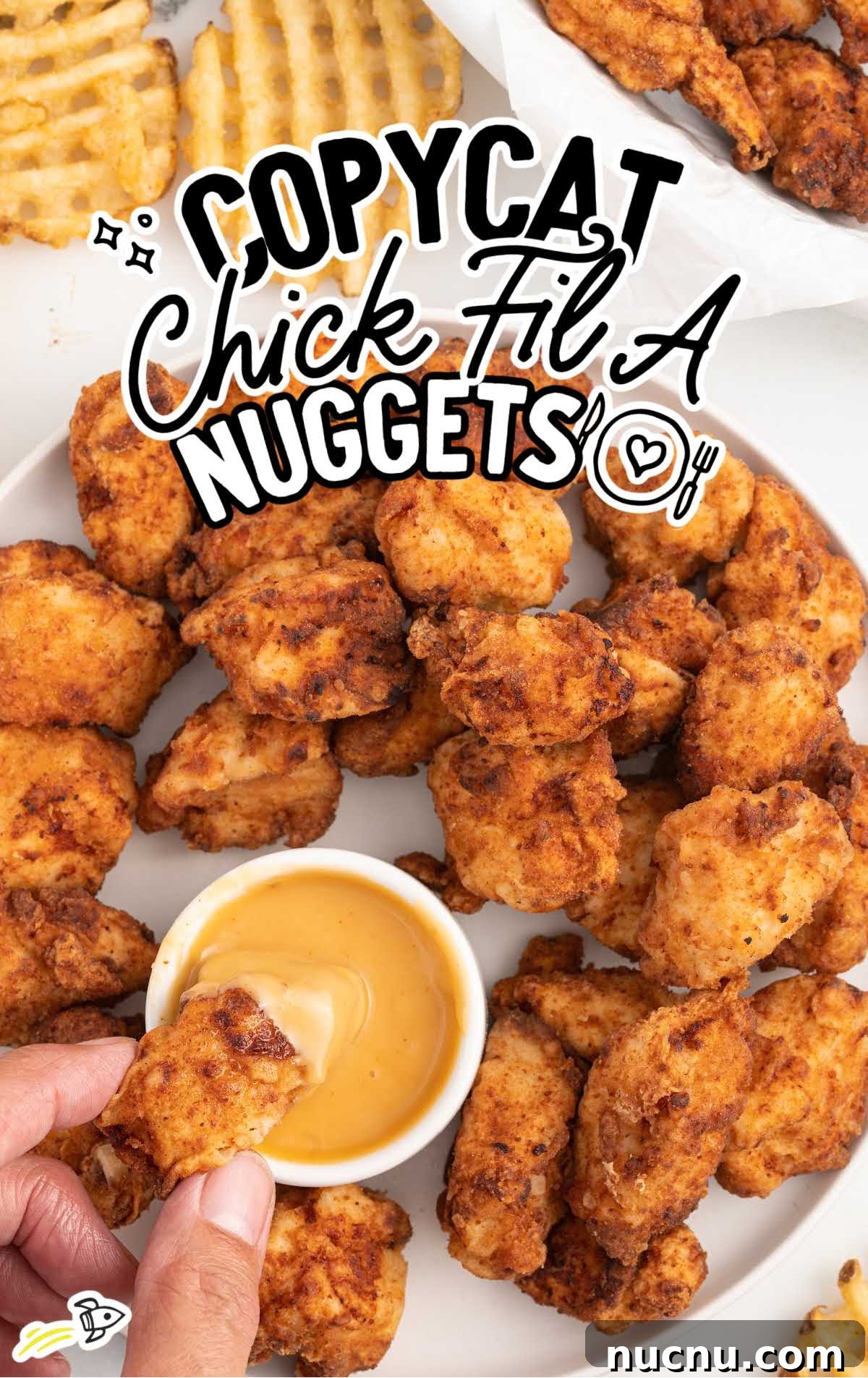 a plate of chicken nuggets with a bowl of dipping sauce